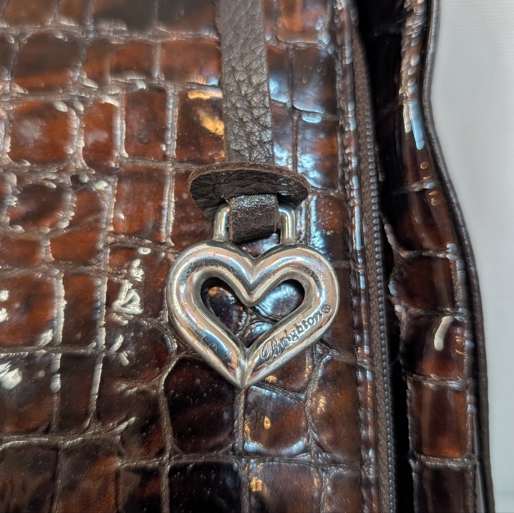 Brighton Sonny Lil Cher Croc-Embossed Patent Leather Bronze Brown Shoulder Bag - Picture 2 of 15